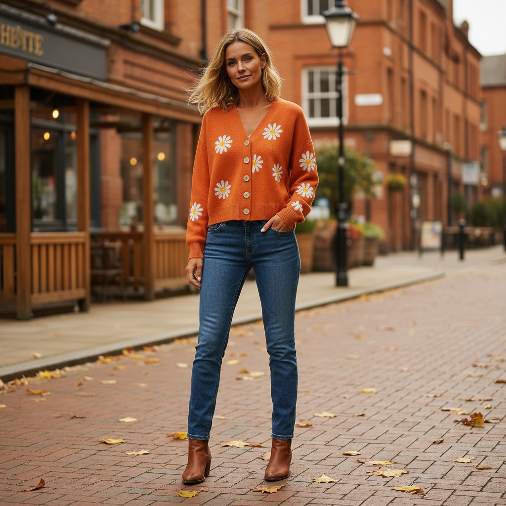 Rowena – Women’s Cardigan | Soft knit, floral pattern, button closure