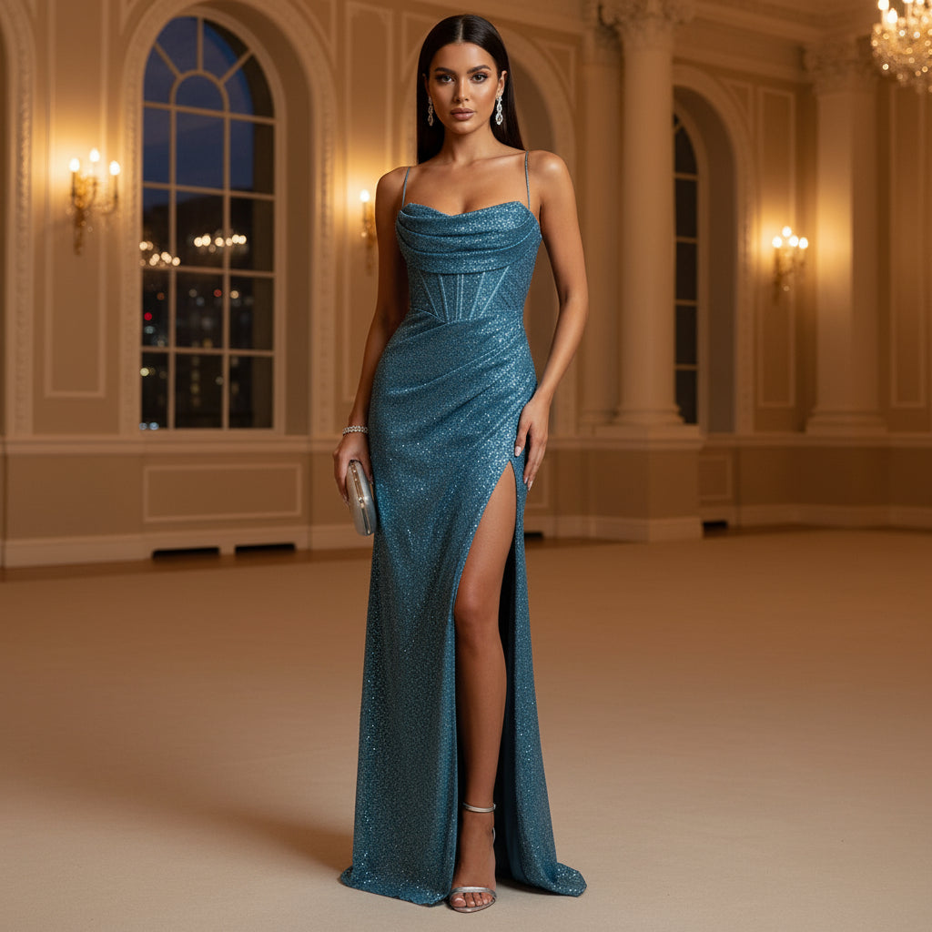 Marietta – Women’s Maxi Dress | sequined corset, high slit